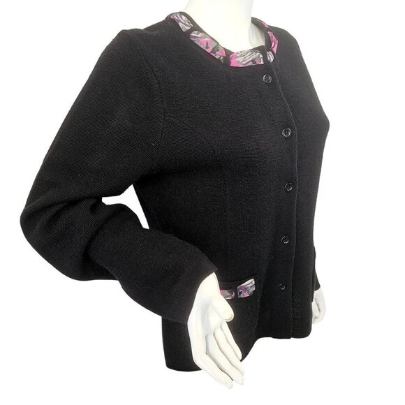 Pendleton Black Wool Knit Cardigan Womens M Pink Silk Trim Long Sleeve Vintage - Picture 1 of 10